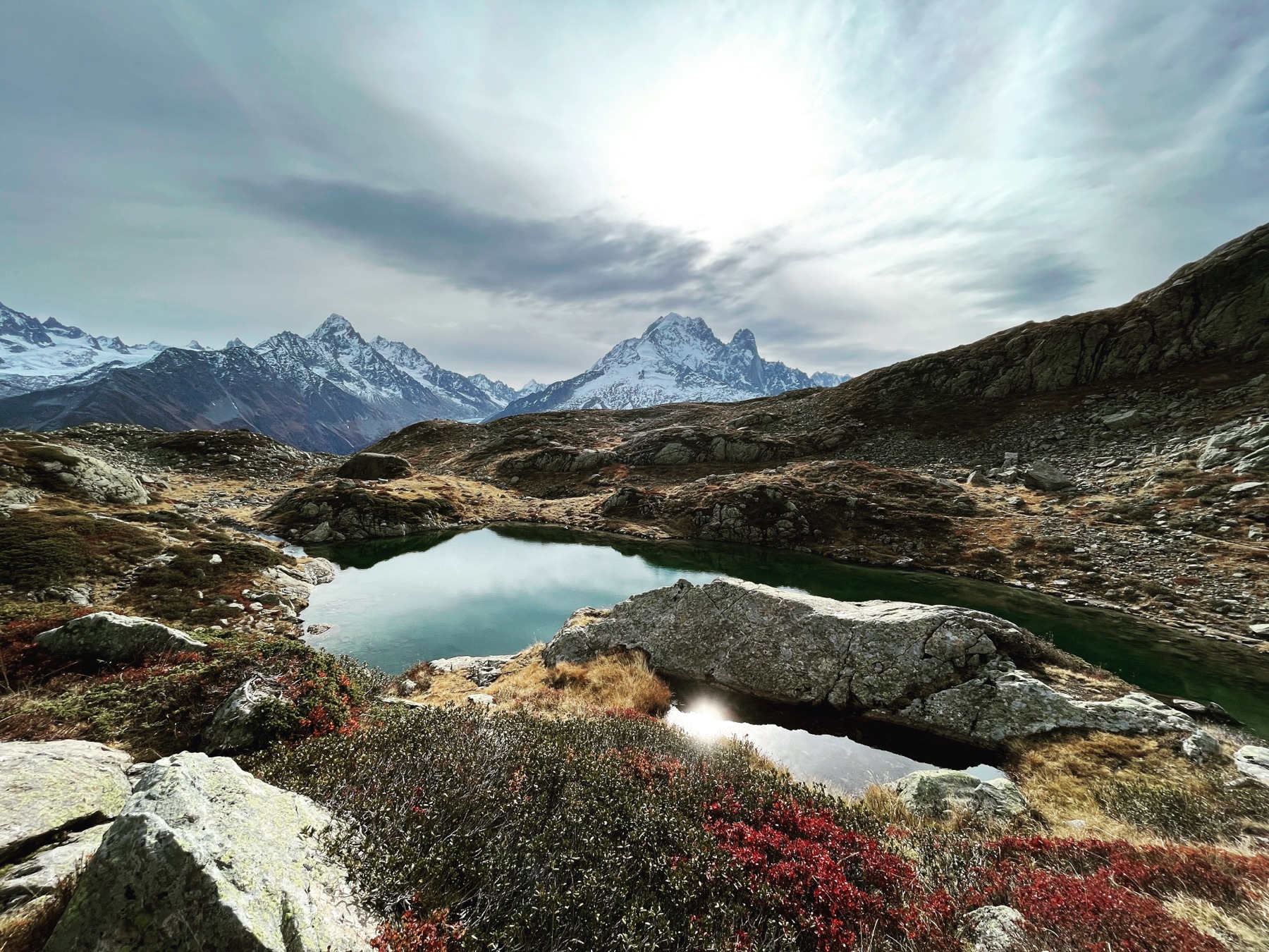 Alpine lake below the Mont-Blanc range in summer